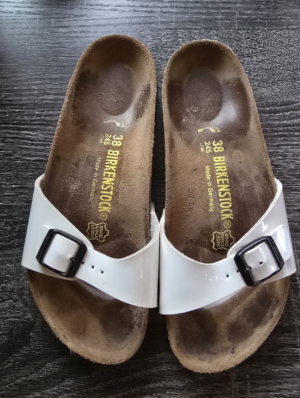 Birkenstock Madrid White Patent Single Strap Slide Sandals